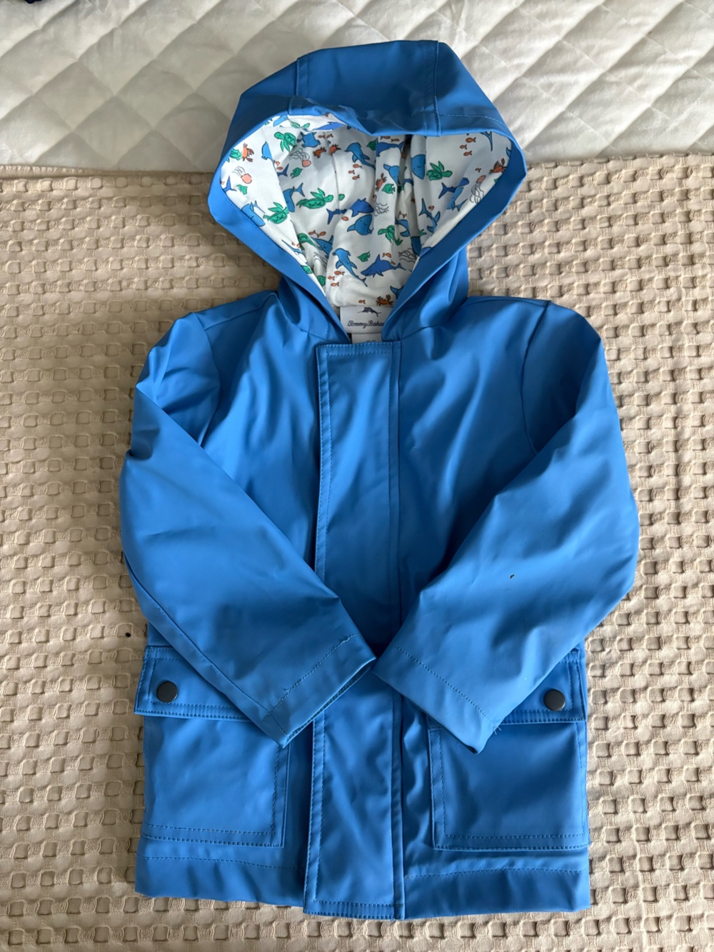 Tommy Bahama Bright Blue Kids Hooded Raincoat with Dino Lining